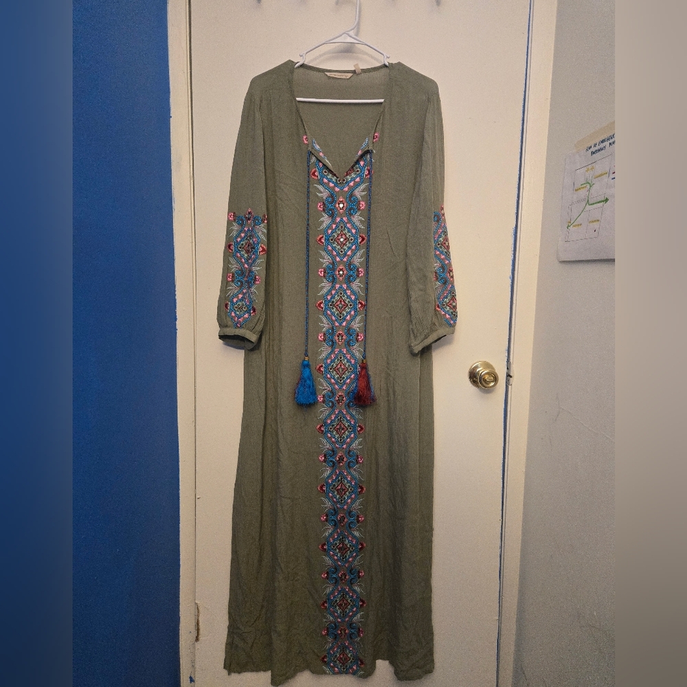 Olive Green Embroidered Maxi Dress